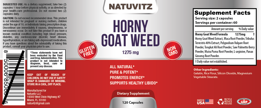 Horny Goat Weed - Dietary Supplement - Testosterone Booster - Gluten Free, Non-GMO - 1275 mg (120 Capsules) - NATUVITZ