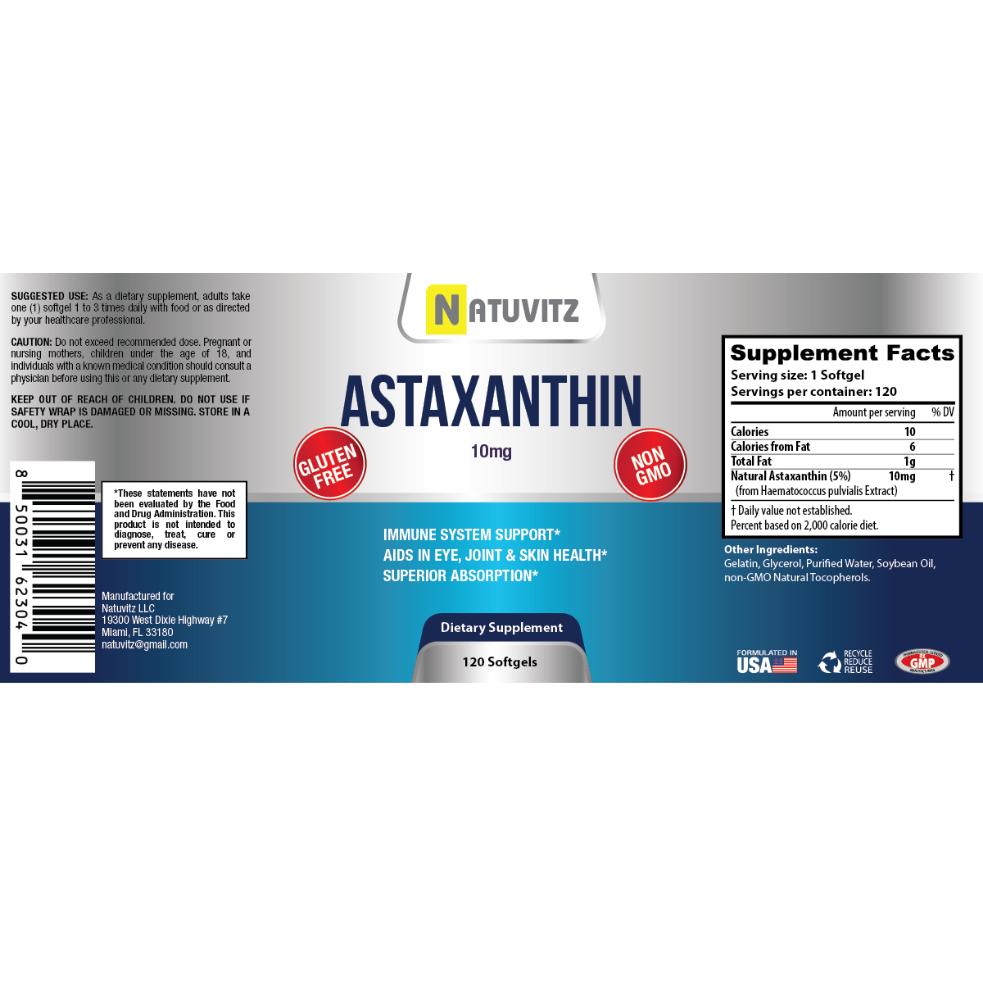 Astaxanthin 10 mg, (120 ct) - Premium Antioxidant Sports Nutrition & Immunity Supplement Supports Eye, Skin Hydration & Firmness, Exercise Recovery, Joint Pain & Cardiovascular Health - NATUVITZ