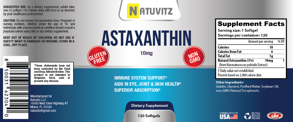 Astaxanthin 10 mg, (120 ct) - Premium Antioxidant Sports Nutrition & Immunity Supplement Supports Eye, Skin Hydration & Firmness, Exercise Recovery, Joint Pain & Cardiovascular Health - NATUVITZ