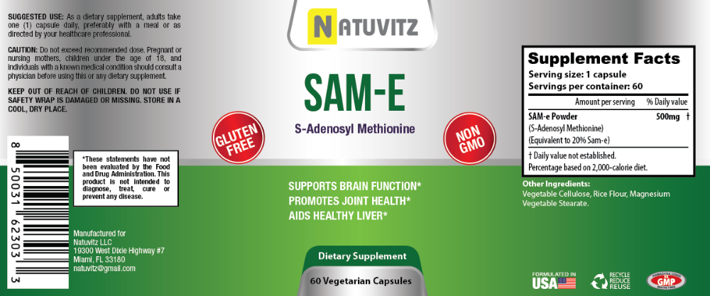 Sam-E 500mg (60 ct) – Memory Supplement That Supports Joint Health, Liver Function, Brain Metabolism, Nervous System, Positive Mood, Antioxidant Defense and Natural Stress Relief - NATUVITZ