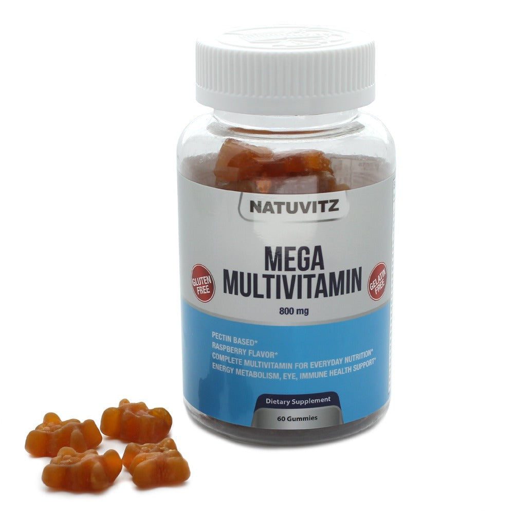 Mega Multivitamins Gummies - Complete multivitamin for everyday nutrition, pectin based and raspberry flavor. It contains essential nutrients for cellular repair, energy, better sleep and healthy metabolism to support your body's natural immunity - NATUVITZ