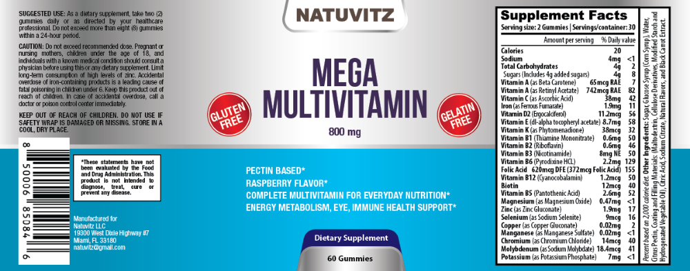 Mega Multivitamins Gummies - Complete multivitamin for everyday nutrition, pectin based and raspberry flavor. It contains essential nutrients for cellular repair, energy, better sleep and healthy metabolism to support your body's natural immunity - NATUVITZ