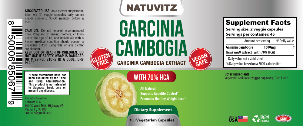 Garcinia Cambogia Extract 1600mg 70% HCA – Supports and Improves Digestion System, Gluten Free Metabolism Booster Pills (180 Veggie Capsules) - NATUVITZ