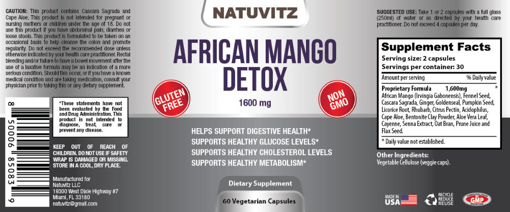 African Mango Detox Dietary Supplement – Gluten Free, Non-GMO - 1600mg (60 Vegetarian Capsules) - NATUVITZ