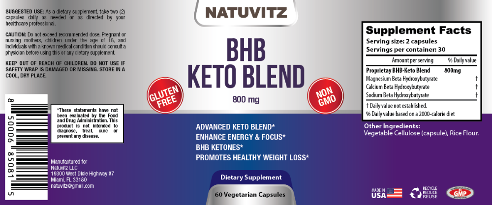 Advanced BHB Keto Complex Blend Dietary Supplement – Gluten Free, Non-GMO - 800mg (60 Vegetarian Capsules) - NATUVITZ