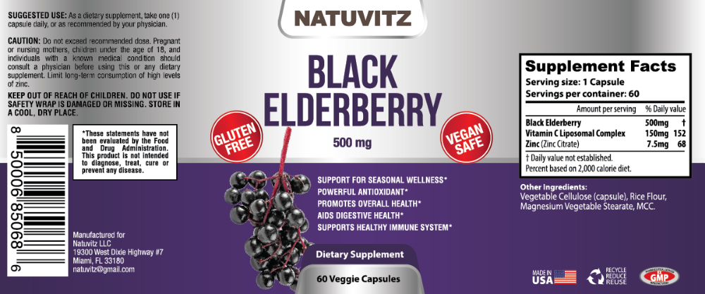 Sambucus Black Elderberry - Daily Herbal Support Supplement for Adults - Antioxidant Rich, Anti-Inflammatory Agent, Non-GMO, Gluten Free (60 Veggie Capsules) - NATUVITZ