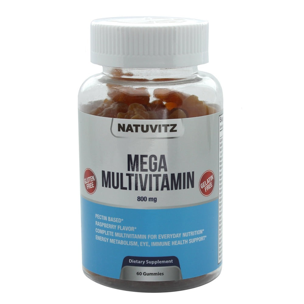 Mega Multivitamins Gummies - Complete multivitamin for everyday nutrition, pectin based and raspberry flavor. It contains essential nutrients for cellular repair, energy, better sleep and healthy metabolism to support your body's natural immunity - NATUVITZ