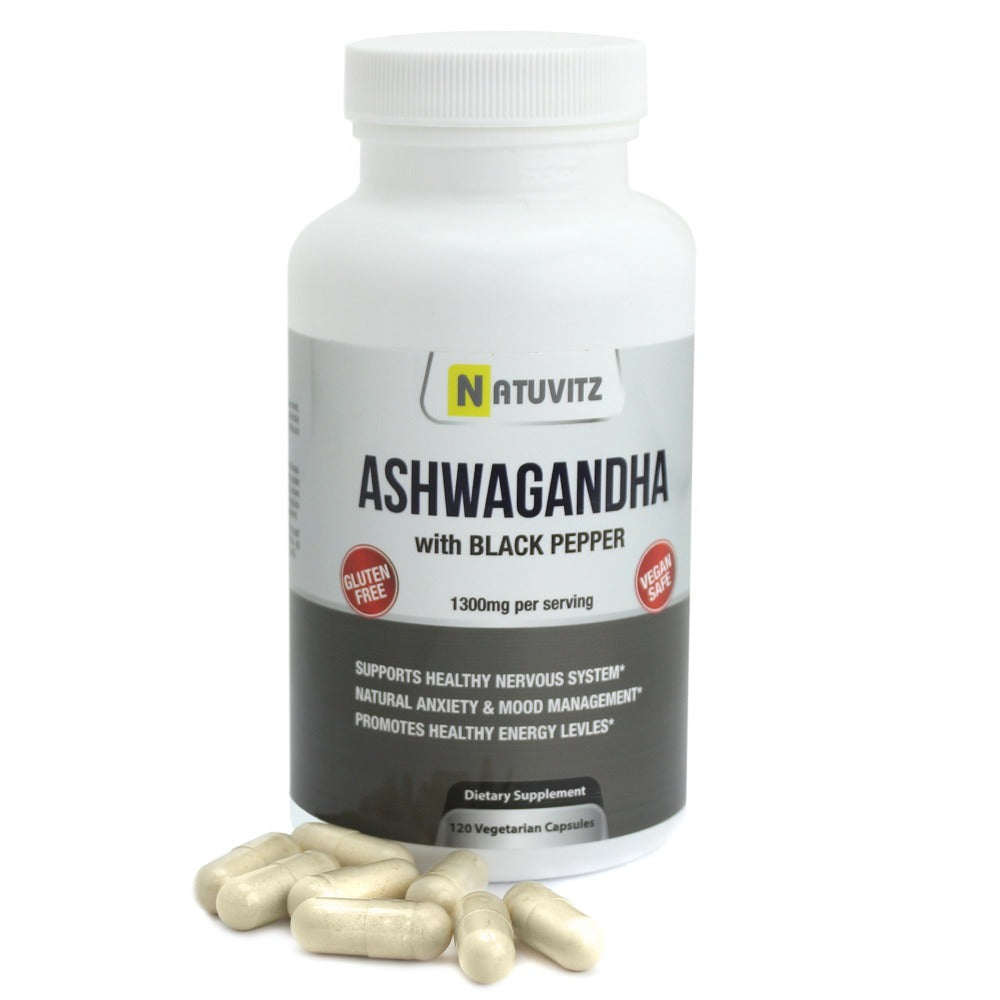 Ashwagandha with Black Pepper - Powerful anti-stress , boost brain function, lower blood sugar, help fight symptoms of anxiety and depression. Mood booster. - NATUVITZ