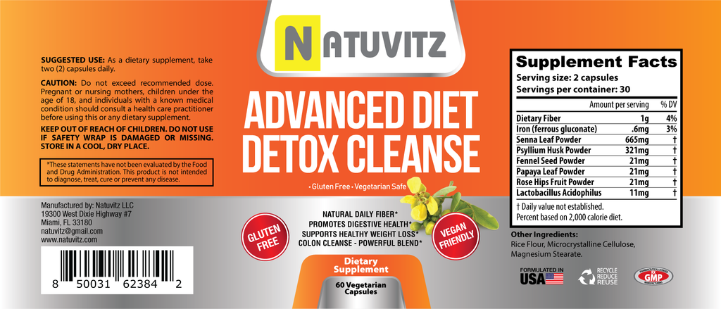 Advance Diet Detox Cleanse - Supplement with Natural Fiber for Colon Cleanse and Digestive Health - NATUVITZ