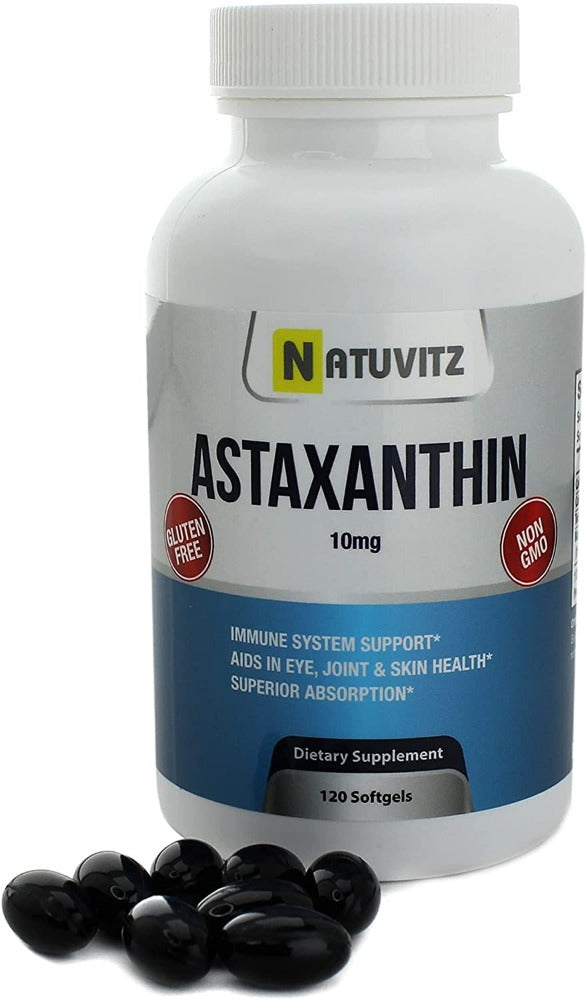 Astaxanthin 10 mg, (120 ct) - Premium Antioxidant Sports Nutrition & Immunity Supplement Supports Eye, Skin Hydration & Firmness, Exercise Recovery, Joint Pain & Cardiovascular Health - NATUVITZ