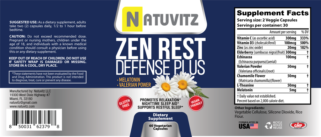 Zen Rest Melatonin Dietary Supplement Complex with Vitamin C D3 Zinc Elderberry Chamomile Echinacea – Sleep Support Vegetarian Capsules, 60 count - NATUVITZ