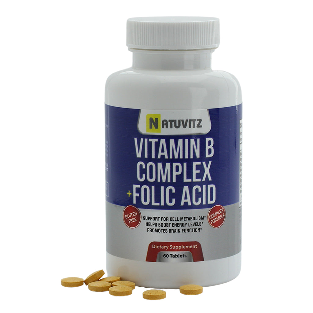 NATUVITZ - Vitamin B Complex + Folic Acid Dietary Supplement - Gluten Free Complex Formula, 60 count. - NATUVITZ