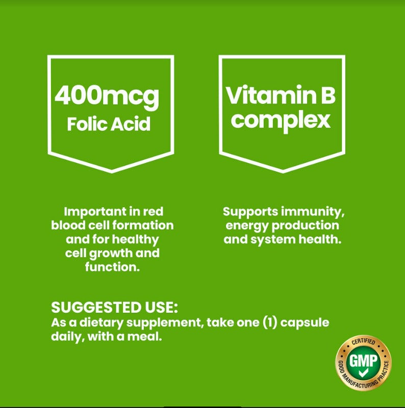 NATUVITZ - Vitamin B Complex + Folic Acid Dietary Supplement - Gluten Free Complex Formula, 60 count. - NATUVITZ