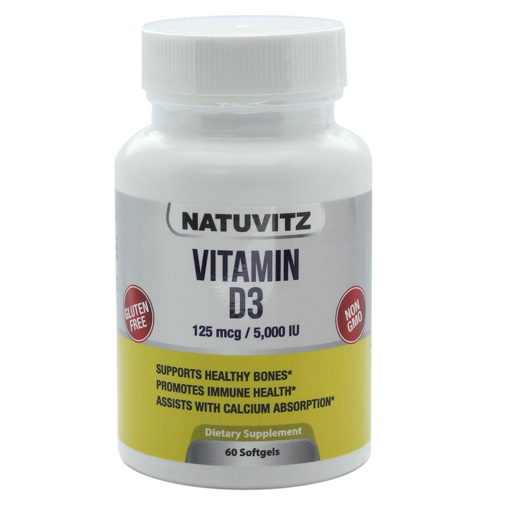 Vitamin D3 Dietary Supplement –– Gluten Free, Non-GMO – 125mcg/5.000 IU per Serving (60 Softgels) - NATUVITZ