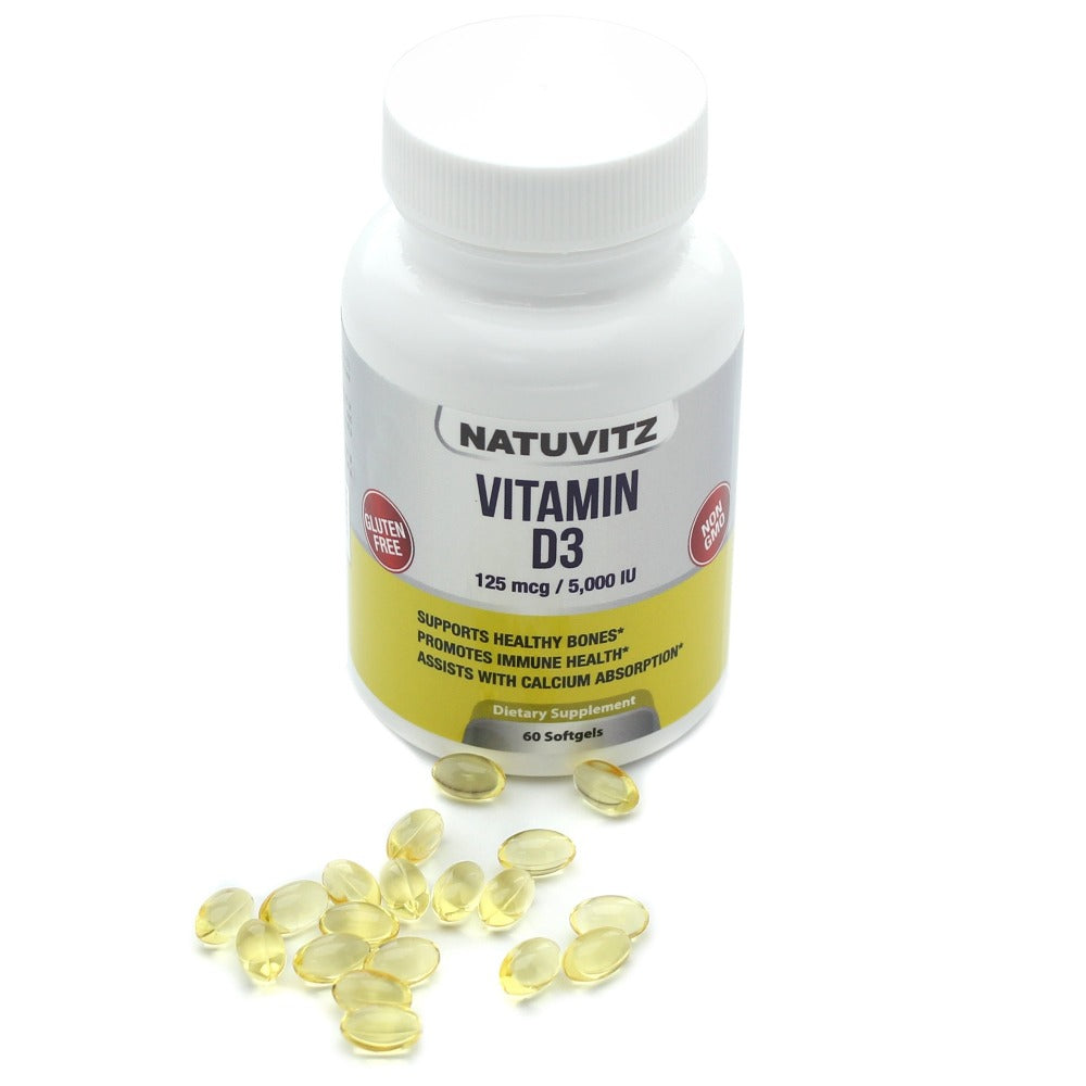 Vitamin D3 Dietary Supplement –– Gluten Free, Non-GMO – 125mcg/5.000 IU per Serving (60 Softgels) - NATUVITZ