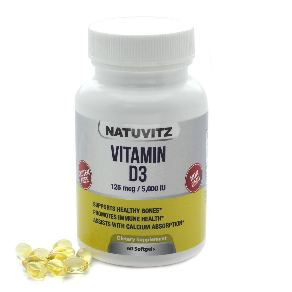 Vitamin D3 Dietary Supplement –– Gluten Free, Non-GMO – 125mcg/5.000 IU per Serving (60 Softgels) - NATUVITZ